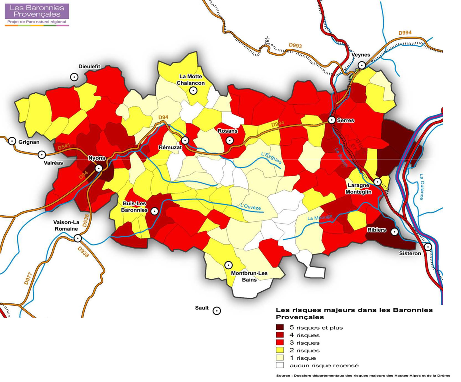 Carte des risques majeurs dans les Baronnies Provençales. Source : SMBP